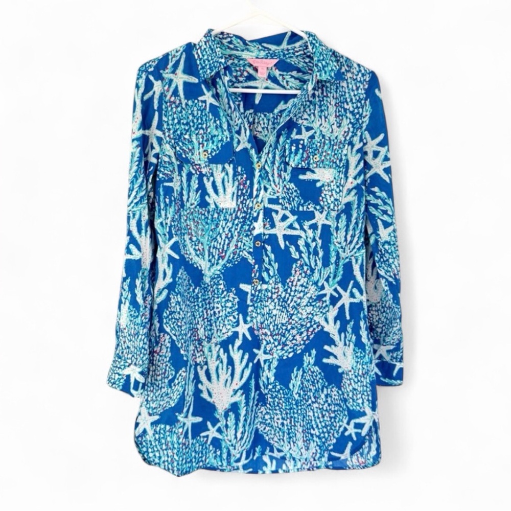 Lilly Pulitzer Captiva Tunic Brewster Blue Good Reef XS Beach Resort Wear